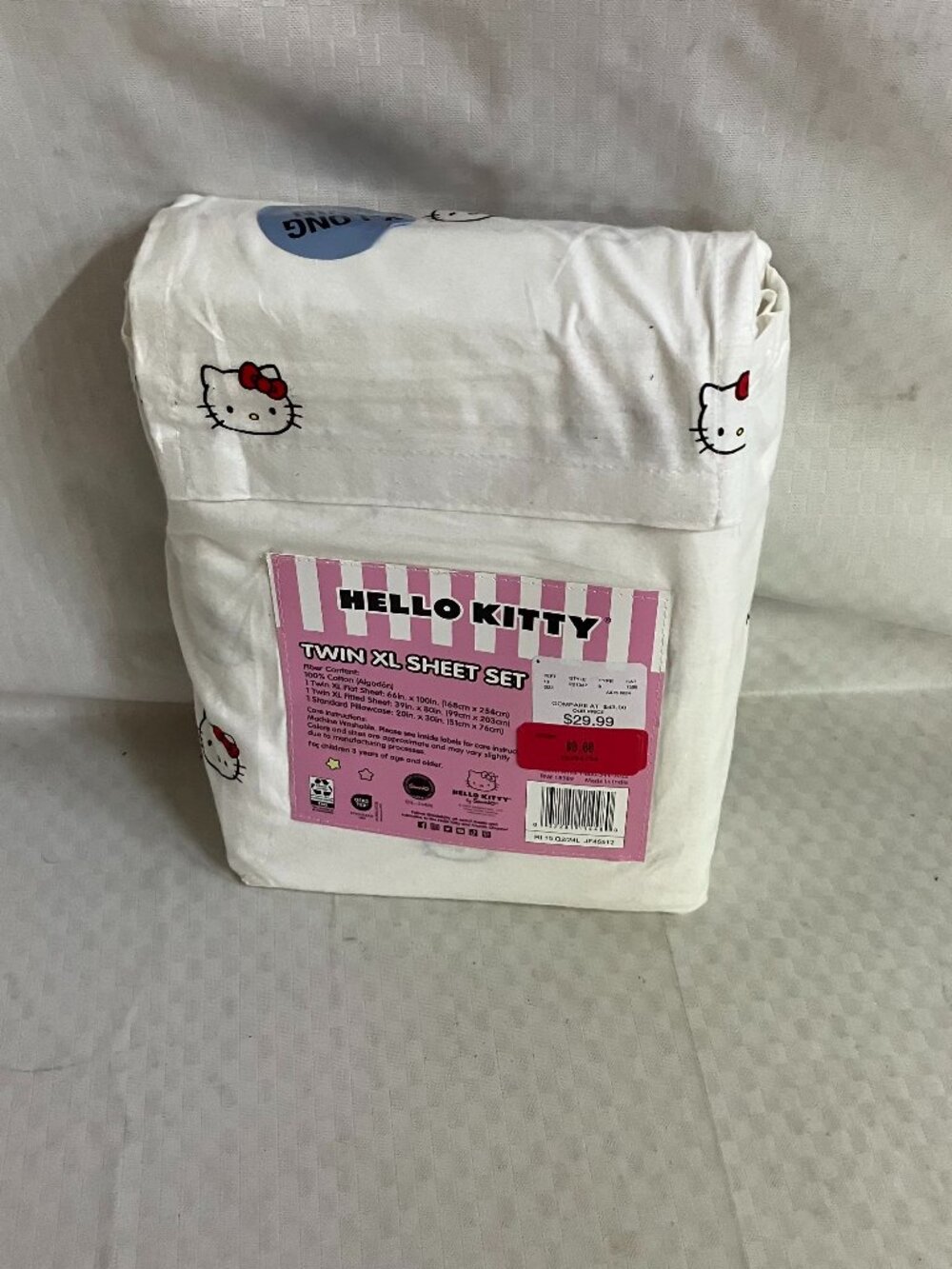 Hello Kitty Twin XL Sheet Set White Pink 100% Cotton 3 Piece Sanrio Bedding